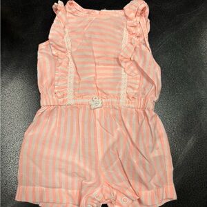 Carter's Coral and White Striped Ruffle Romper